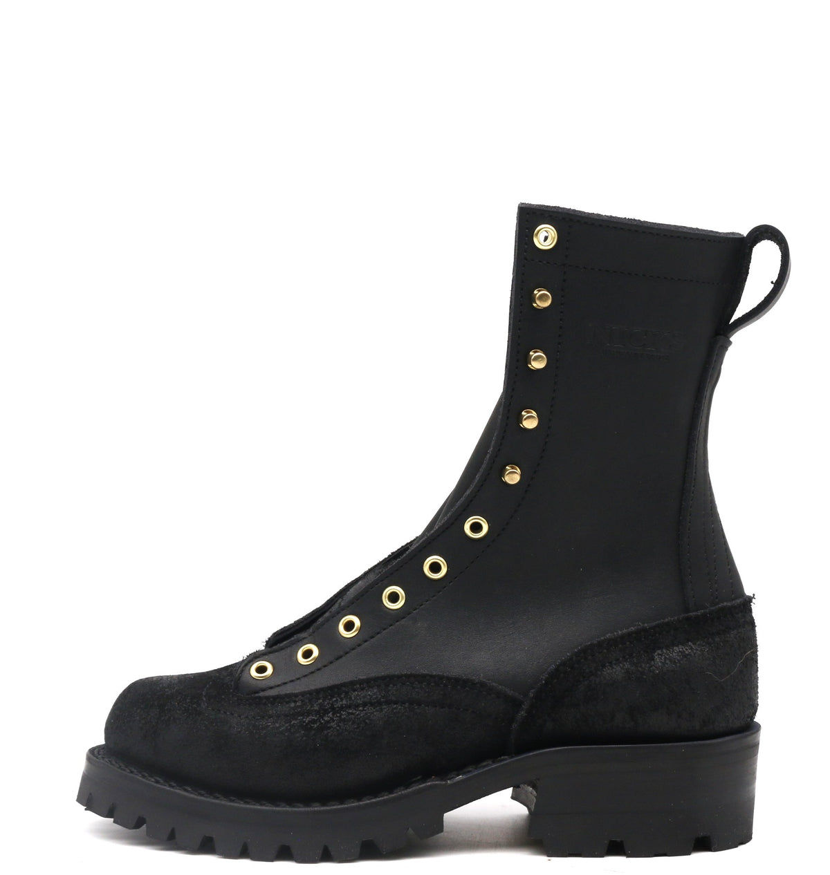 Black boot with brass hardware, Lug sole and lace to toe construction