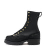 Black boot with brass hardware, Lug sole and lace to toe construction