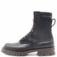 A black leather lace-up ankle boot with a rugged lug sole and metal eyelets, shown from a side profile on a white background.