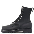 Black zero drop boot with nickel plated hardware, white sole stitching, and a black unit lug outsole.