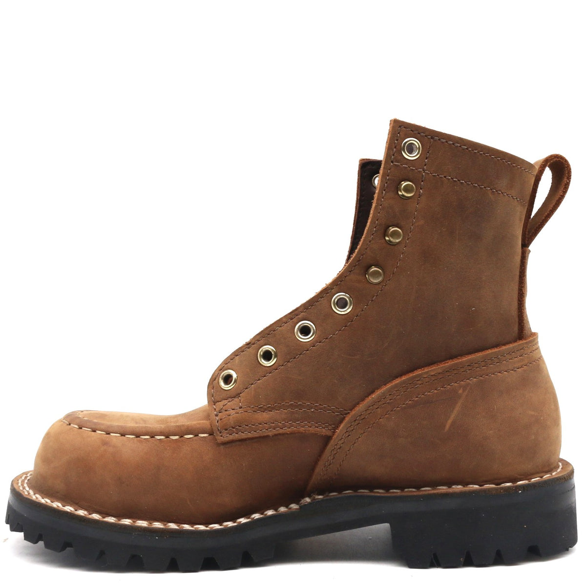 Brown leather boot with black sole on a white background