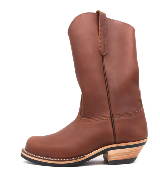 Brown leather cowboy style pull-on boot on a white background