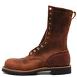 Brown leather tall lace-up work boot with perforated cap toe brass eyelets and black lug sole