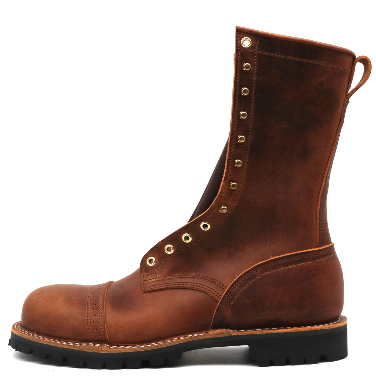 Brown leather tall lace-up work boot with perforated cap toe brass eyelets and black lug sole