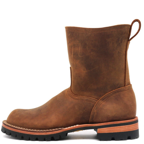 Brown leather boot with a white background