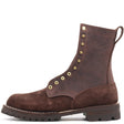 A dark brown suede lace-up ankle boot with brass eyelets and studs, a pull tab, and a rugged lug sole, shown from a side profile on a white background.