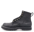 Nicks black roughout leather work boot with brass eyelets pull tab and black lugged sole shown unlaced