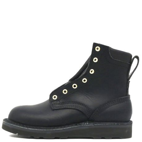 A black leather ankle boot with gold-tone metal eyelets, a pull tab, and a thick black sole, shown from a side profile view on a white background.
