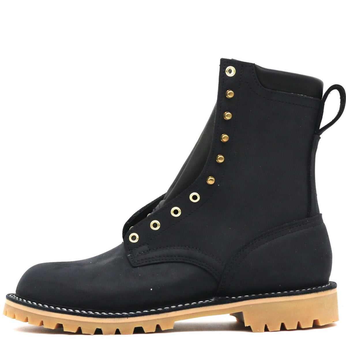 Black boot with gold buttons on a white background