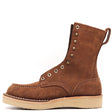 A brown suede lace-up ankle boot with metal eyelets, decorative studs, and a thick beige sole, shown from a side profile on a white background.