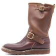 A mid-calf brown leather boot with two adjustable buckle straps, one on the shaft and one on the ankle, shown from a side profile against a white background.