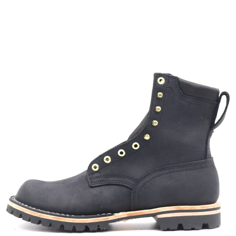 Maxwell black leather lace-up work boot with brass eyelets and heavy lug sole