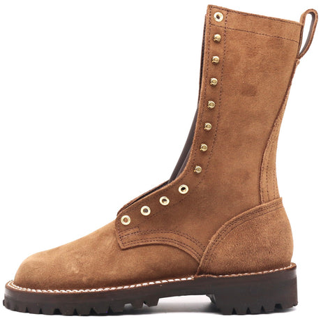 A brown suede mid-calf boot with brass eyelets and a dark brown lug sole, shown from a side profile on a white background.