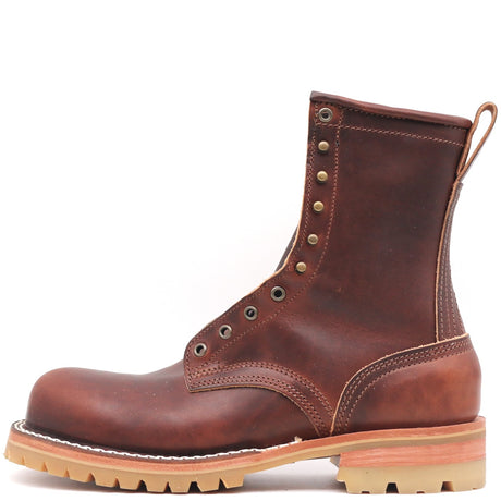 A brown leather lace-up work boot with a tan rubber sole, shown from a side profile view against a white background.
