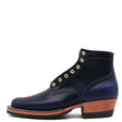 Nicks Handmade navy blue leather lace-up boot with brass eyelets and stacked leather heel side view