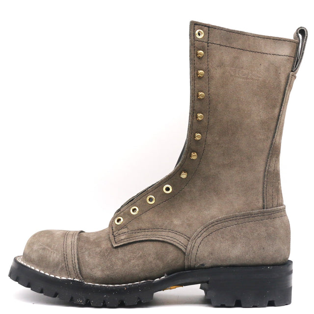 Gray suede ten inch boot with a lug outsole, a steel safety toe, and a 4 row toe cap.