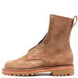 Brown eight inch boot with a honey unit lug outsole, and brass hardware.