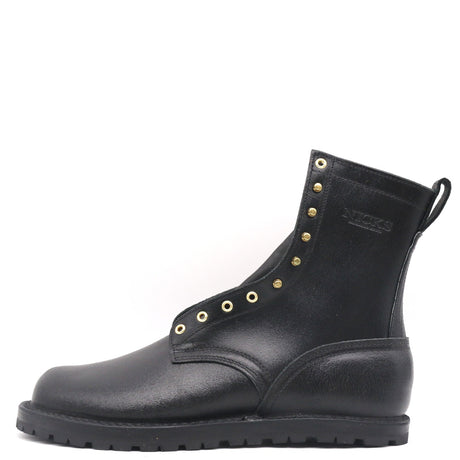 A black leather ankle boot with gold-tone metal eyelets and studs, featuring a pull tab and a visible 'MEKO' brand logo on the side, set against a plain white background.