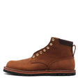 A brown suede lace-up ankle boot with gold-tone eyelets, a dark brown collar, and a black sole, shown from a side profile on a white background.