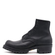 A single black leather lace-up ankle boot with a chunky lug sole and low block heel, shown from a side profile on a white background.