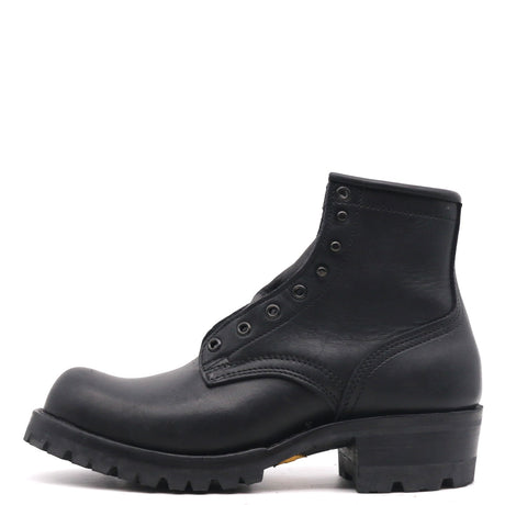 A single black leather lace-up ankle boot with a chunky lug sole and low block heel, shown from a side profile on a white background.