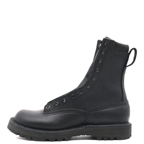 A black leather lace-up ankle boot with a side zipper, pull tab, and rugged sole, shown from a side profile on a white background.