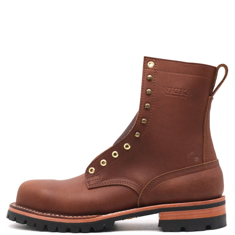 Brown eight-inch lace-up boots with brass hardware and a v-100 lug outsole in front of a white background.