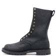 A black leather mid-calf work boot with gold-tone metal eyelets and studs, featuring a pull tab on the heel and a rugged sole, shown against a plain white background.