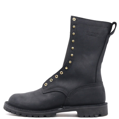 A black leather mid-calf work boot with gold-tone metal eyelets and studs, featuring a pull tab on the heel and a rugged sole, shown against a plain white background.