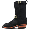 A black suede mid-calf western boot with gold buckle details, a pull tab, and a stacked brown and black block heel, shown from a side profile on a white background.