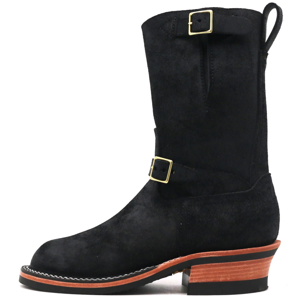 A black suede mid-calf western boot with gold buckle details, a pull tab, and a stacked brown and black block heel, shown from a side profile on a white background.