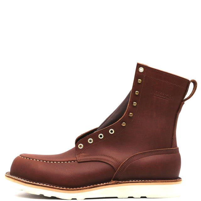 A single brown leather lace-up boot with brass eyelets and a pull tab, shown in profile against a plain white background.