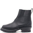 A black leather Chelsea-style ankle boot with a chunky lug sole and low block heel, shown from a side profile on a white background.