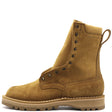 A single mid-calf suede boot in a warm camel brown color, featuring metal eyelets with decorative studs, a pull tab, and a thick lug sole, shown against a plain white background.
