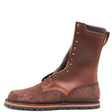 A brown leather lace-up work boot with metal eyelets and a rugged black sole, shown from a side profile on a white background.