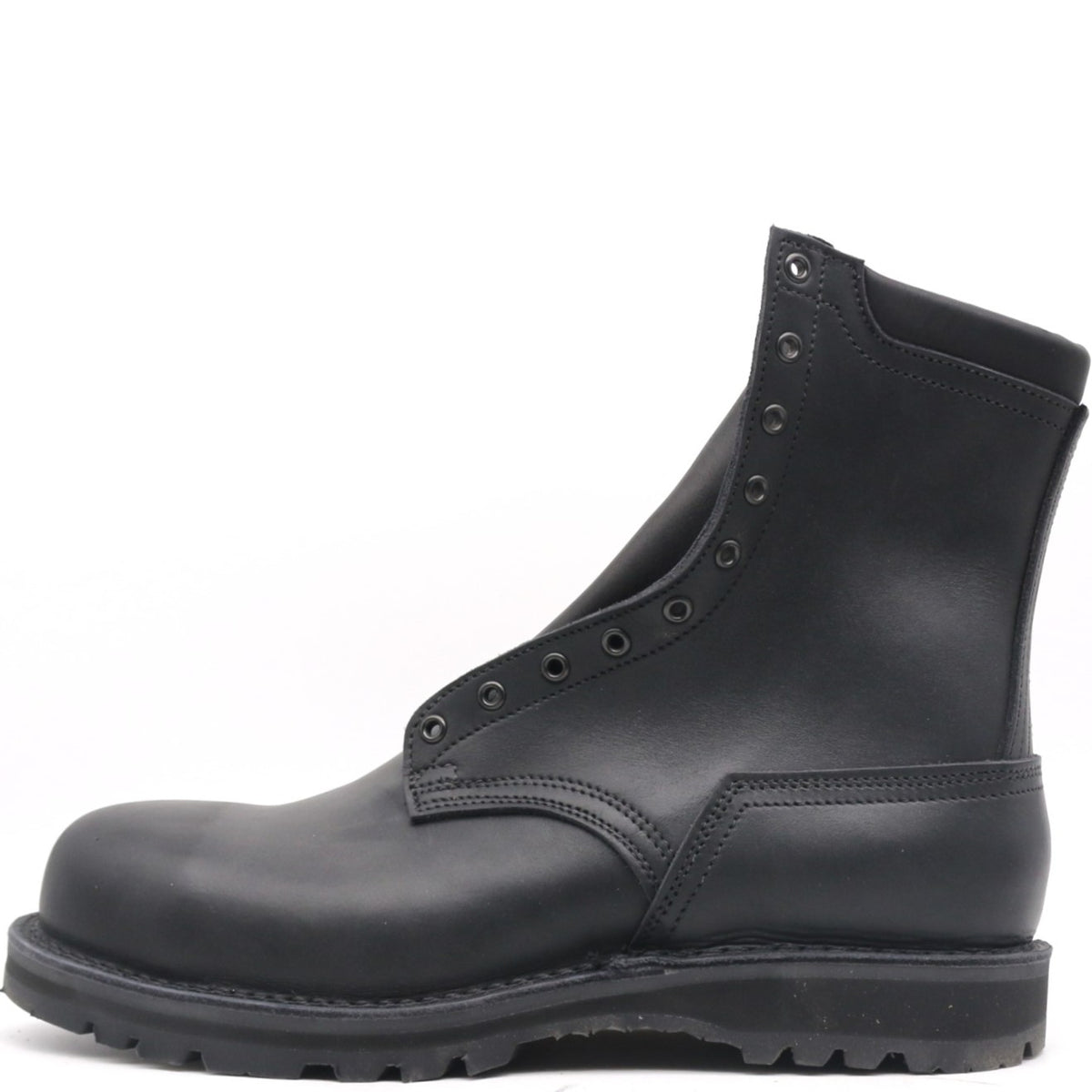 A black leather lace-up ankle boot with a thick black sole, shown from a side profile view against a plain white background.