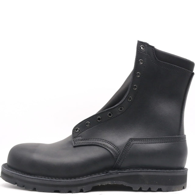 A black leather lace-up ankle boot with a thick black sole, shown from a side profile view against a plain white background.