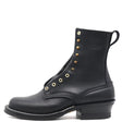A black leather lace-up ankle boot with gold-tone metal eyelets and pull tabs, shown from a side profile on a white background.