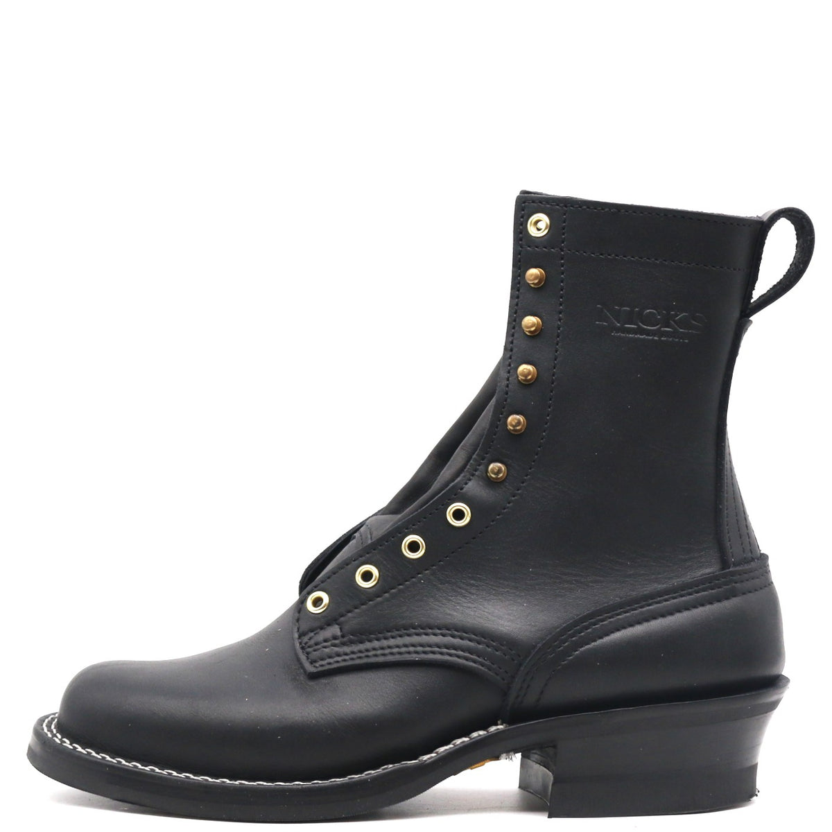 A black leather lace-up ankle boot with gold-tone metal eyelets and pull tabs, shown from a side profile on a white background.