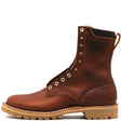 A brown leather lace-up ankle boot with brass eyelets, a pull tab, and a tan lug sole, shown from a side profile on a white background.