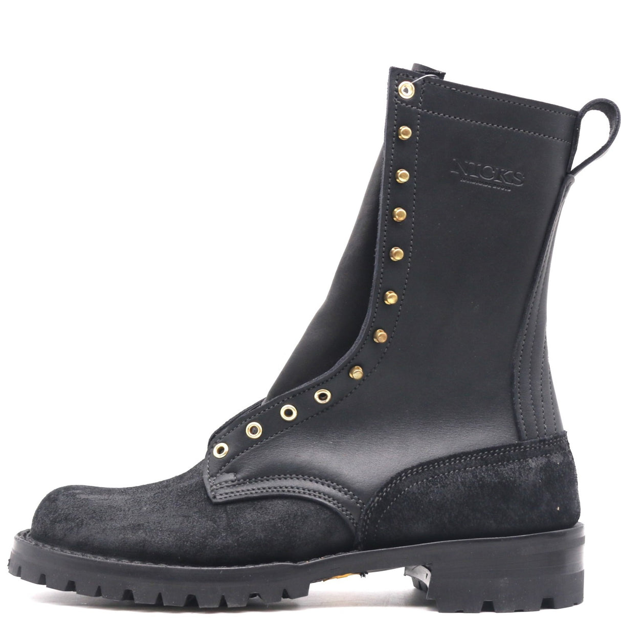 A black leather and suede mid-calf boot with gold-tone metal eyelets and studs, featuring a pull tab and a rugged sole, shown against a plain white background.