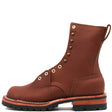 A brown leather lace-up ankle boot with brass eyelets, a pull tab, and a black lug sole, shown from a side profile on a white background.