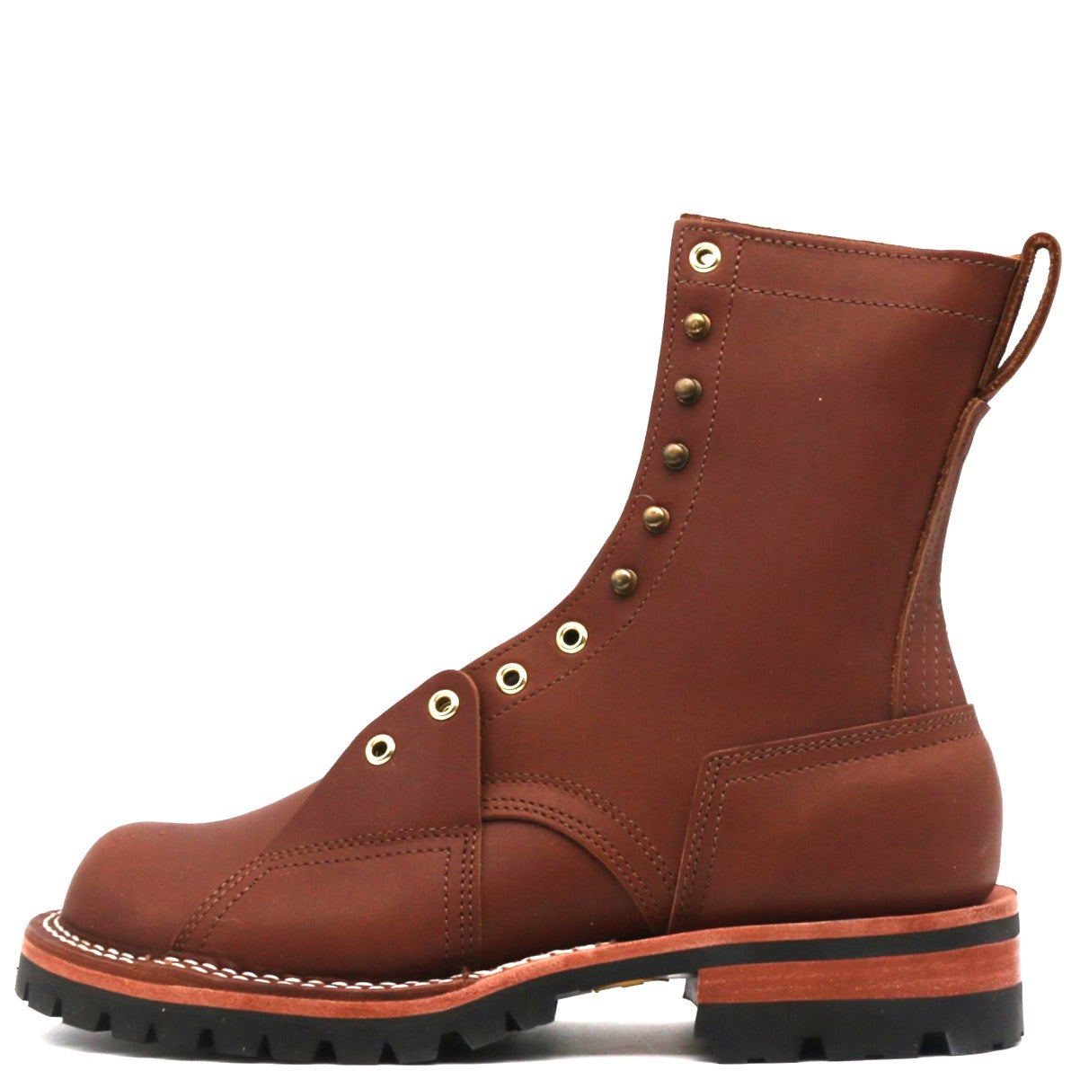 A brown leather lace-up ankle boot with brass eyelets, a pull tab, and a black lug sole, shown from a side profile on a white background.