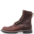 A dark brown leather lace-up boot with a textured grain finish, brass eyelets, and a black unit lug sole, shown from a side profile on a white background.
