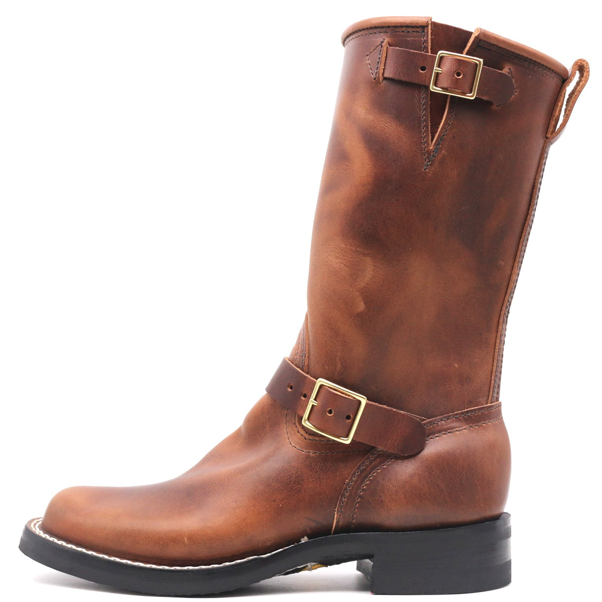 A tall brown leather riding boot with a low black block heel, a decorative strap with a gold buckle around the ankle, and a matching buckle detail near the top collar, shown against a plain white background.