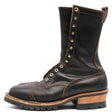 A dark brown leather lace-up boot with brass eyelets, a chunky wood-look heel, and a rugged black sole, shown from a side profile on a white background.