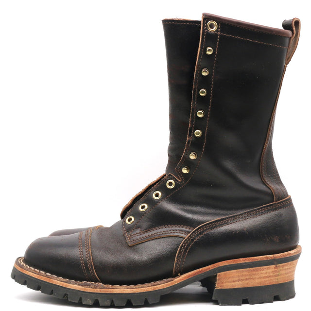 A dark brown leather lace-up boot with brass eyelets, a chunky wood-look heel, and a rugged black sole, shown from a side profile on a white background.