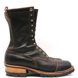 A single dark brown leather lace-up boot with brass eyelets, a pull loop, and a stacked wooden heel, shown against a plain white background.