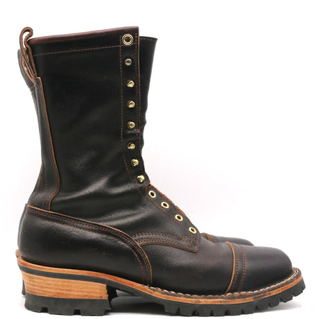 A single dark brown leather lace-up boot with brass eyelets, a pull loop, and a stacked wooden heel, shown against a plain white background.
