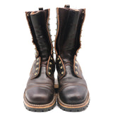 A pair of dark brown leather lace-up boots with metal studs and eyelets, shown from the front against a plain white background.